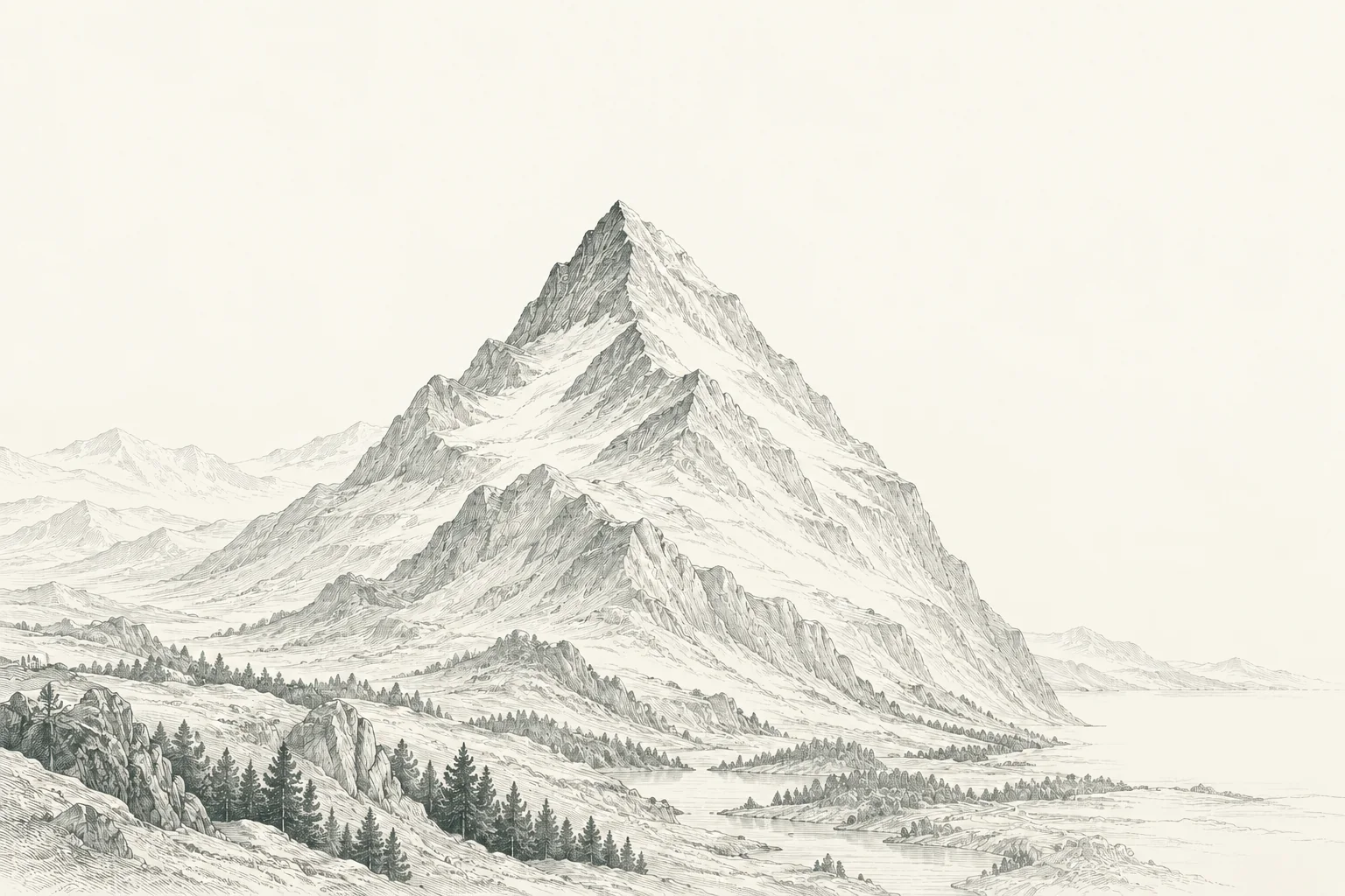 Finely engraved mountain, with the three current-state findings descending from its summit to its base.